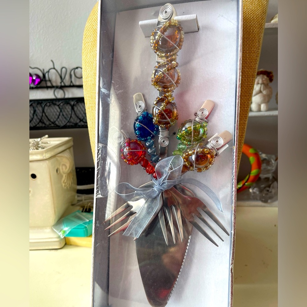 Wild Eye Designs Beaded and Wire-wrapped Cake Server and Fork set - NIB